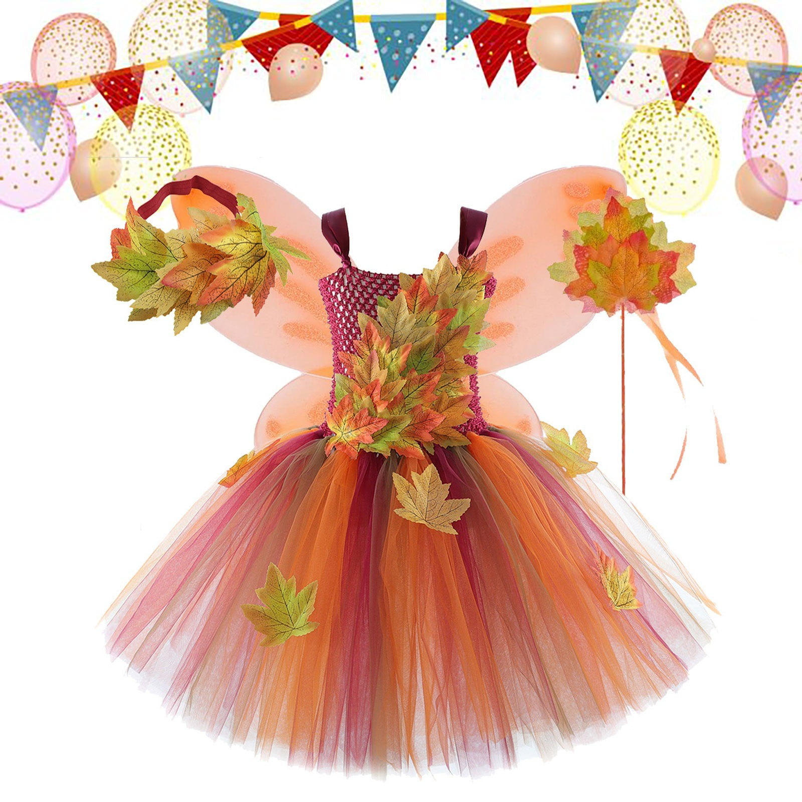 SJLDQY Carnival Toddler Girls Maple Leaf Elf Dress Up Lace Mesh Dress With Wings Outfits Party Stage Performance Clothes Set