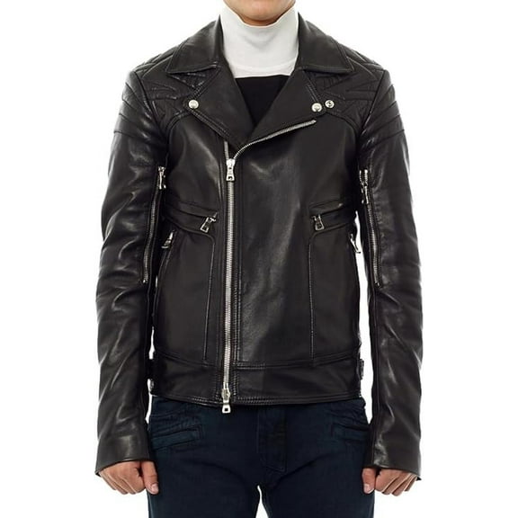 New Men's Genuine Lambskin Leather Jacket Black Belted Motorcycle Biker Jacket A048