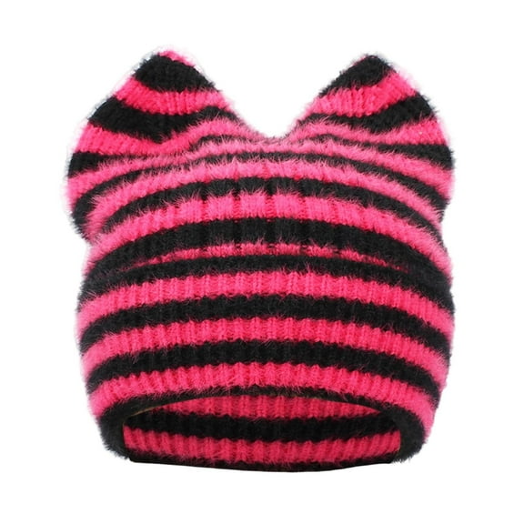 Betivan Women Girls' Winter Striped Cat Ear Knitted Hat, Thickened Ear Protection Wool Beanie, Cute Cold-proof Cap for Kids Daily Wear
