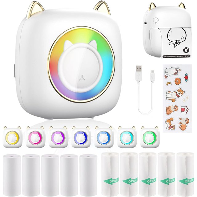 Print Pods Mini Printer Portable Thermal Sticker Printer with Rolls Thermal Paper and Sticker tooth Wireless Printer for iOS & Android Inkless Pocket Printer for Photo Note (Pink)