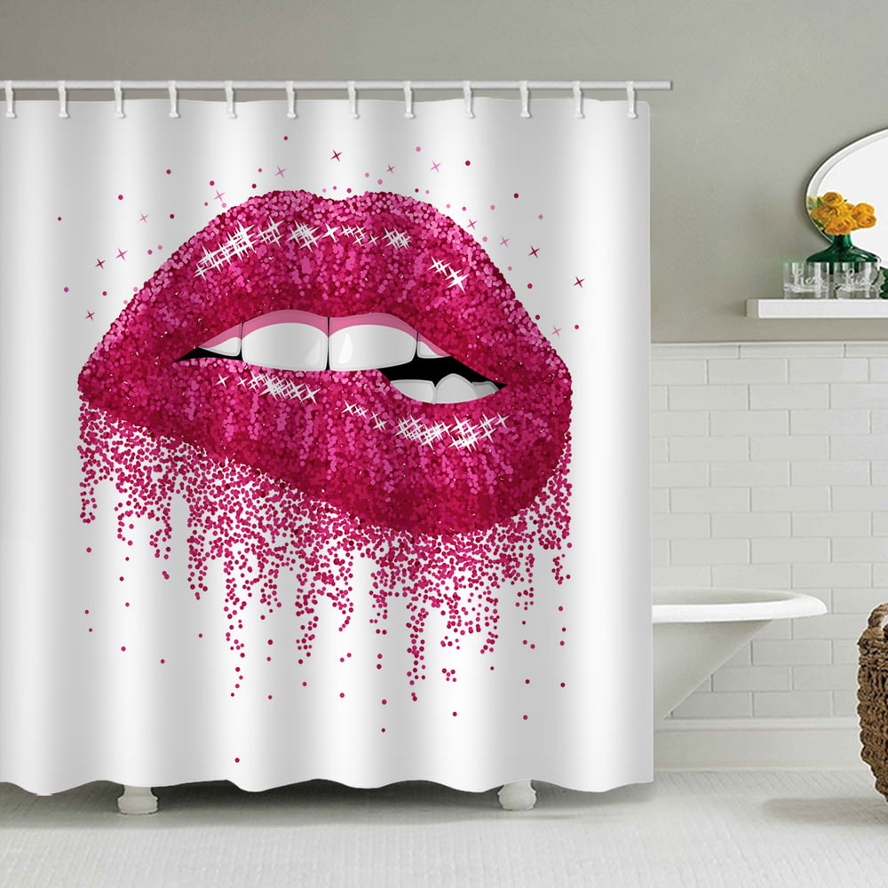 Lip Shower Curtain Set Glistening Red Lips White Background Fabric Bath ...