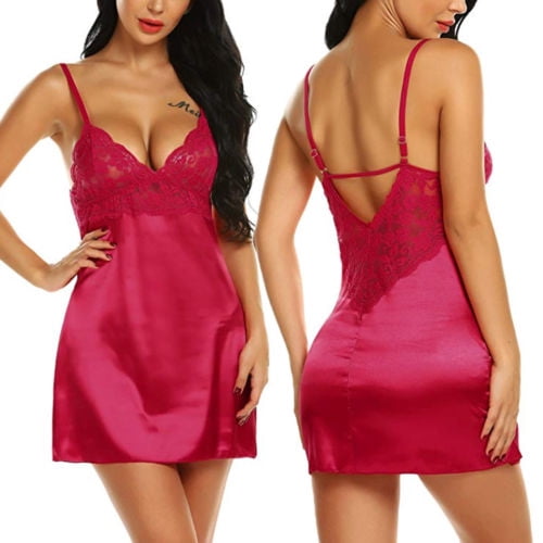ITFABS Womens Lace Slik Chemise Lingerie Ladies Sleepwear Robe Pajamas