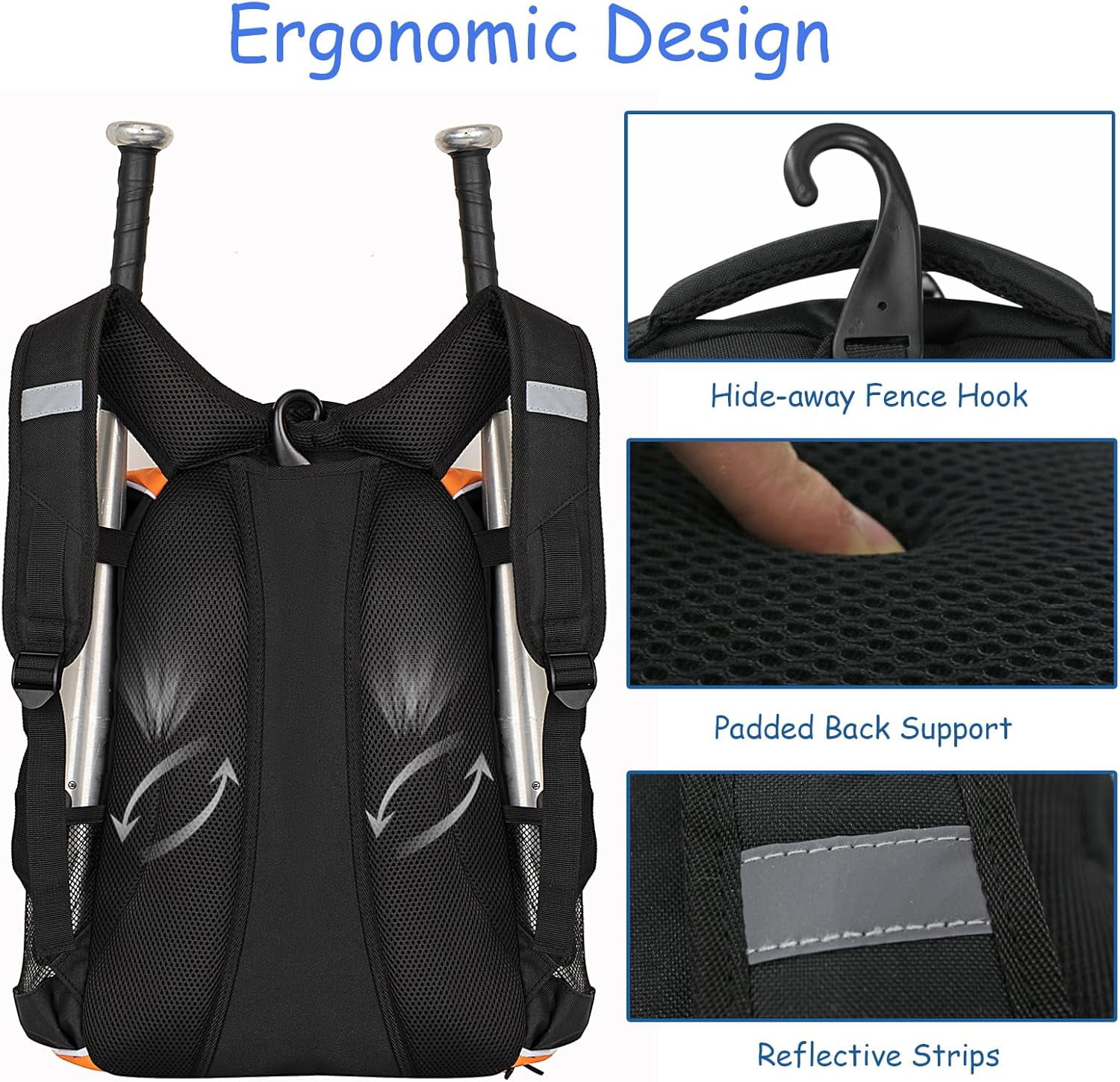 Youth Baseball Bag - Bat Backpack for Baseball, T-Ball & Softball Equipment & Gear, Bat & Glove Holder, Large Main Compartment for Helmet & accessories, Separate Shoes Compartment, Fence Hook