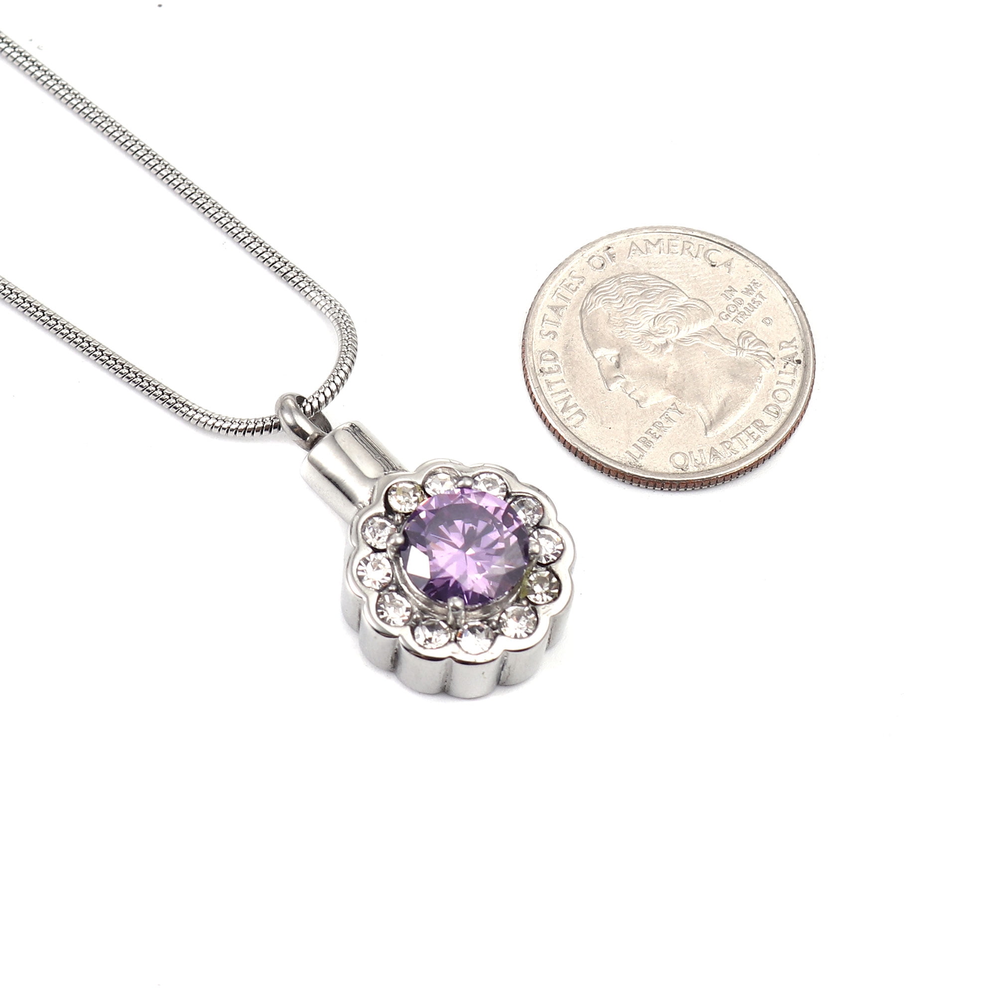 Round Purple Beautiful Crystal Rhinestone Flower Cremation Urn Necklace for Ashes Stainless Steel Memorial Pendant Keepsake Jewelry with Free Funnel Kit and Velvet Jewelry Box