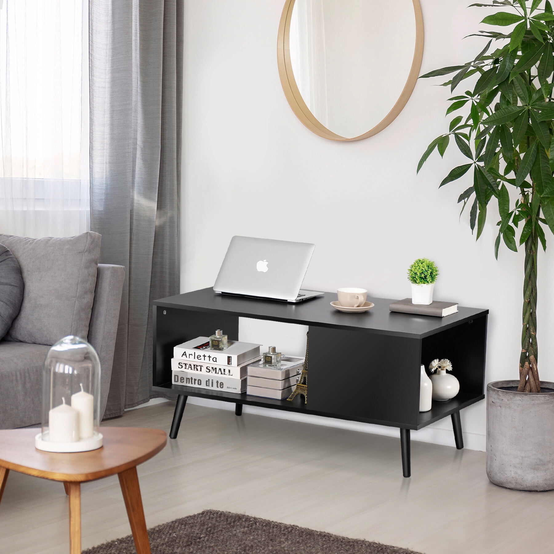 HomGarden Wood Coffee Table, Modern Console Sofa Side Table Cocktail Table Black