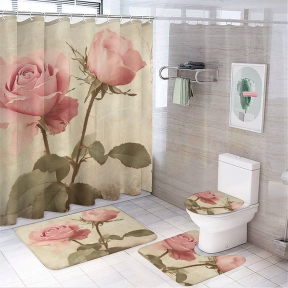 Vintage Pink Rose 4 Piece Bathroom Shower Curtain Sets Rug Toilet Lid Cover And Non-Slip U Shape Mat Pink Rose Flower Floral Waterproof Shower Curtain for Bathroom Decor