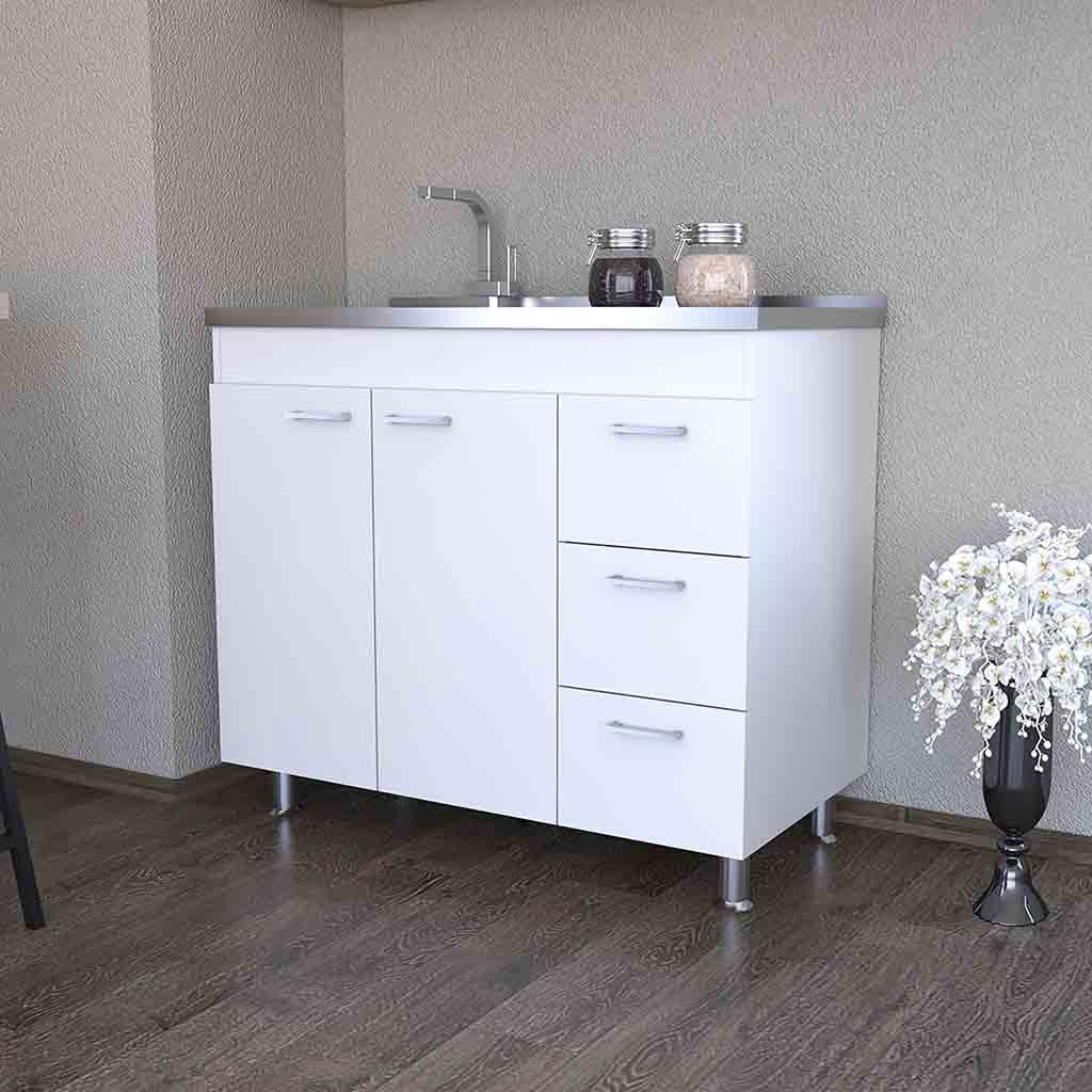 Izzovium Utility Sink Kisco Kitchen Cabinet with Two-Door & Three Drawers, 20.67"L x 39.37"W x 35.43"H, White Particle Board, Easy Assembly, Faucet Hole Included