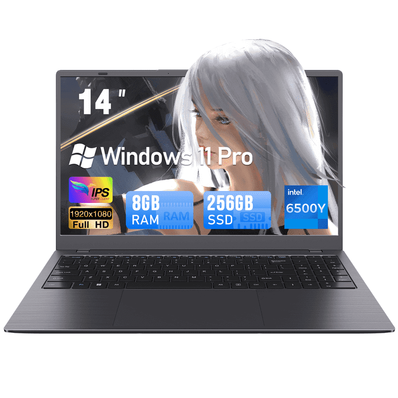 KINOBUC 14" FHD Laptop, Intel 6500Y, 8GB RAM, 256GB SSD, Windows 11, WiFi 5, Bluetooth 5.0, Office Ready, for Student & Home Office, Gray
