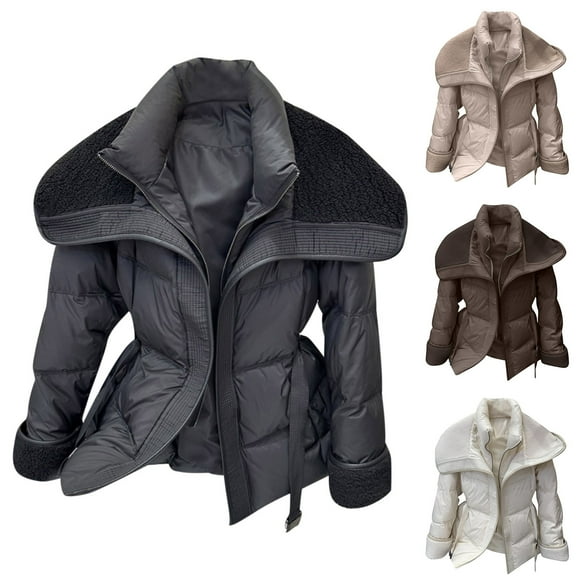 UPPADA Womens Cropped Puffer Jackets Hooded Warm Coats Zip up Quilted Down Sherpa Coats Dressy Winter Outerwear Coats with Pockets,Puffer Jacket Womens Khaki,M