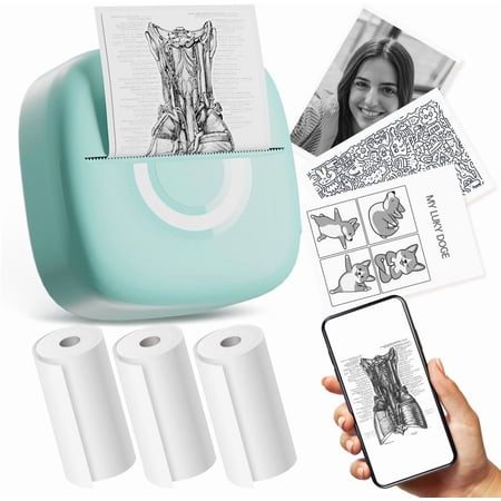 Mini Printer Sticker Thermal Printer with 3 Rolls Paper, Bluetooth Portable Phone Print Pods,Study Sticker Maker for Pictures, Photos, Journals, DIY, Compatible with Phone & Tablet