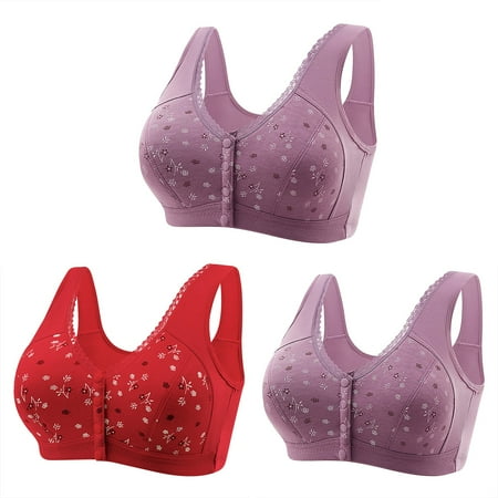 Mrat Womens Athletic Wireless Bra 3pc Women Front Buckle for Middle-Aged and Elderly Underwear Soft Cotton Oversized Tank Tops Without Steel Ring Printed Bra S-451 Red-A XL