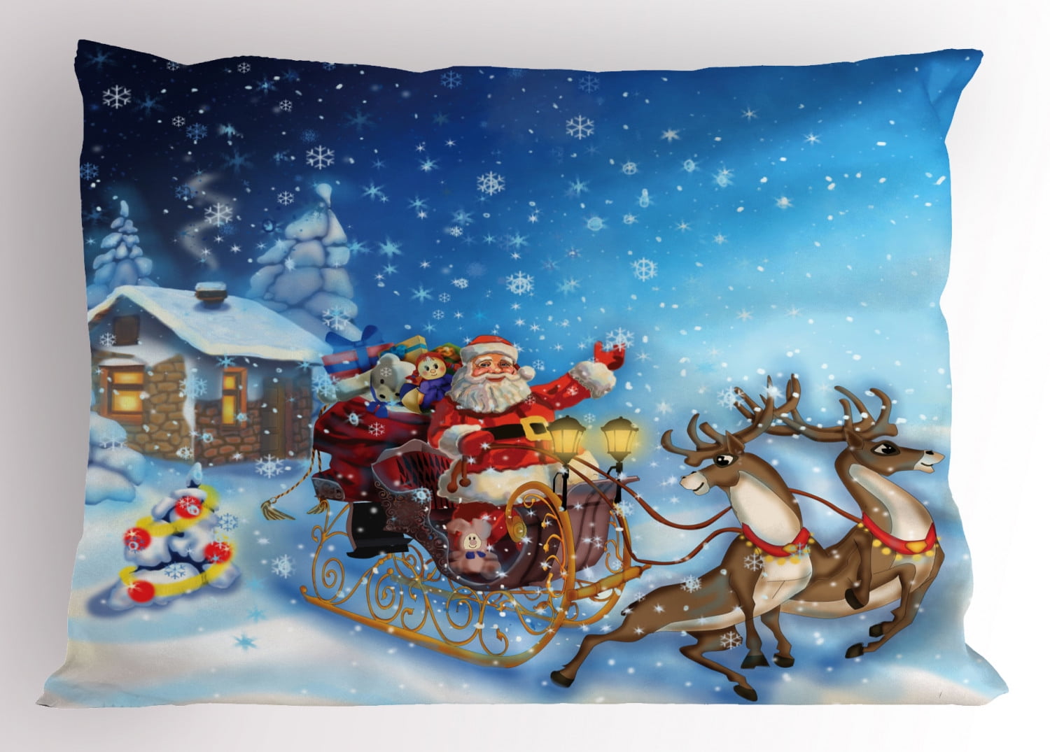 Christmas Pillow Sham Santa In Sleigh With Reindeer And Toys In Snowy North Pole Tale Fantasy Image Decorative Standard Queen Size Printed Pillowcase 30 X 20 Inches Navy Blue By Ambesonne