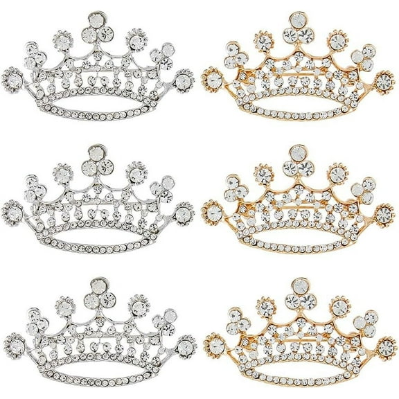 1 Set 6Pcs 2 Colors Crystal Rhinestone Crown Brooch Small Queen Crown Brooch Pins Gold Silver Queen Crown Brooch Fashion Rhinestone Brooch Pins for Women Lapel Sashes Sweater Dress Wedding