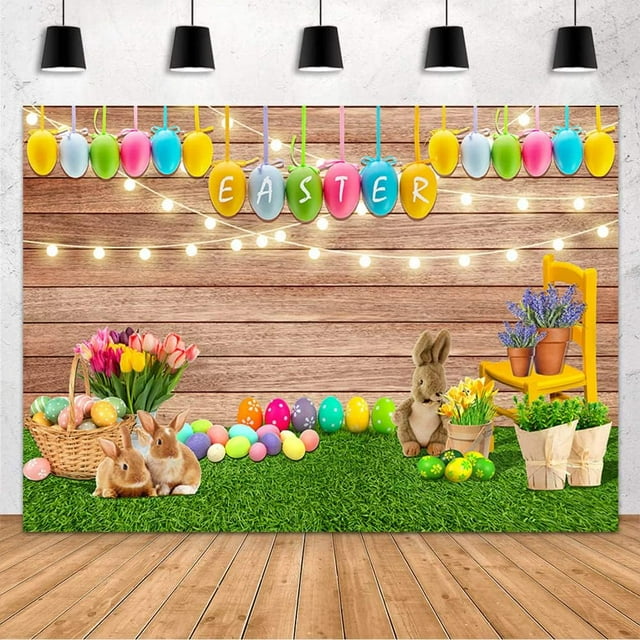 Spring Easter Backdrop for Photography Easter Eggs Bunny Green Grass Floral Rustic Wood Background Baby Shower