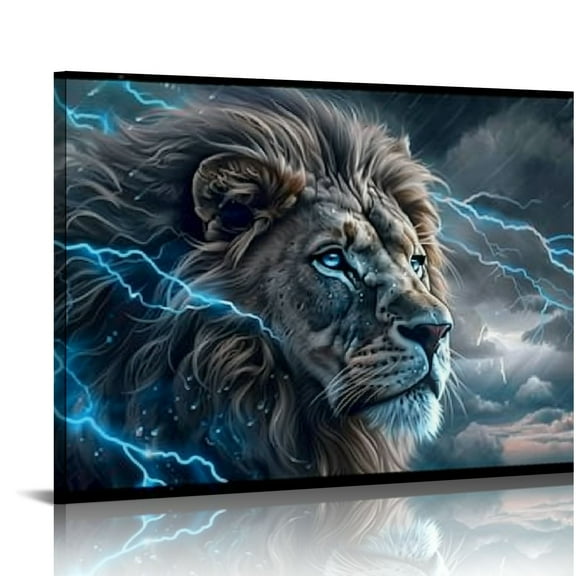 JRXY Lion Wall Art Blue Canvas Wall Art Framed Animal Canvas Prints Wildlife Portrait for Living Room Bedroom Home Wall Decor 20x16in