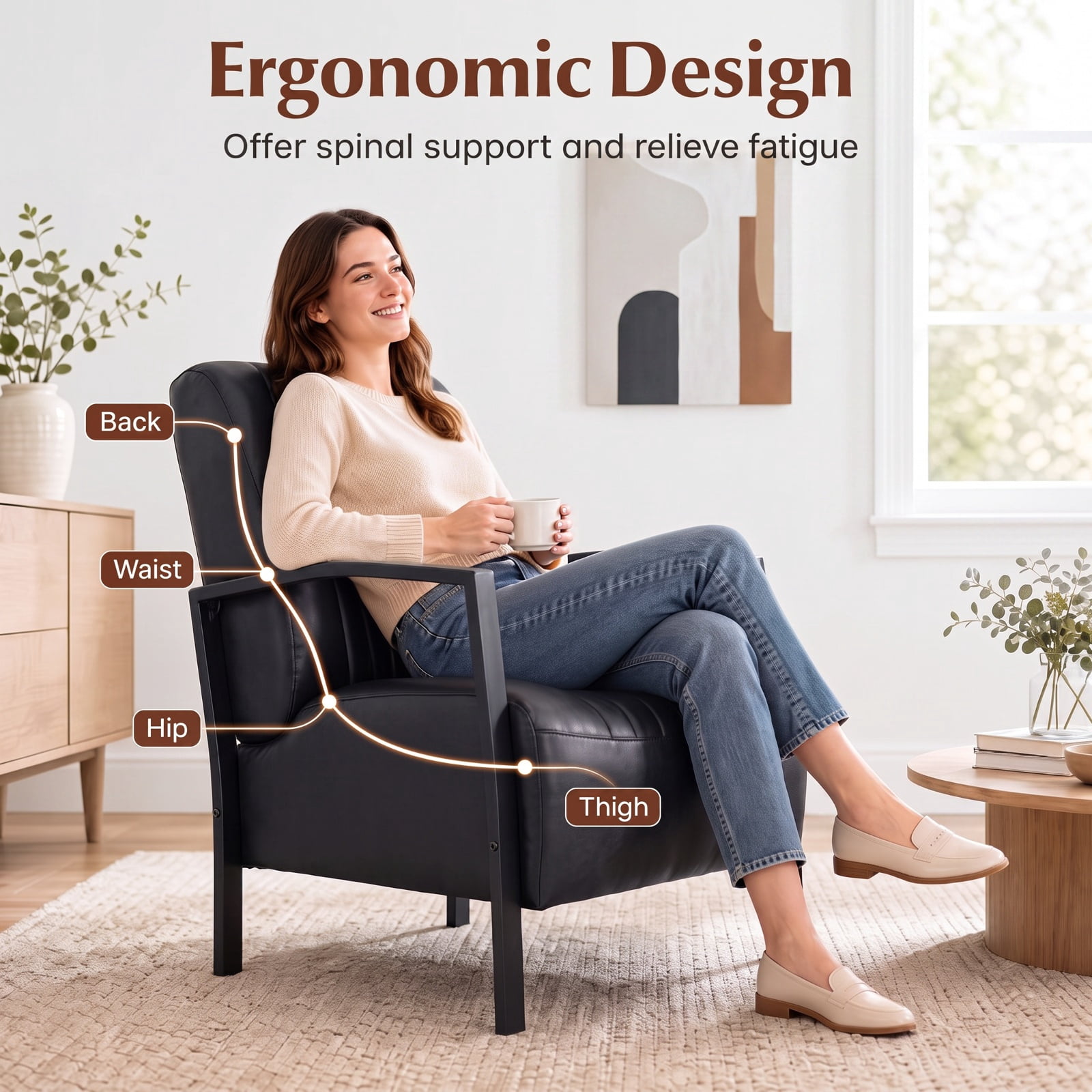 Furnibear PU Leather Upholstered Armchair with Padded Seat Back Ergonomic Support and Metal Legs Comfy Lounge Reading Chair for Living Room, Black