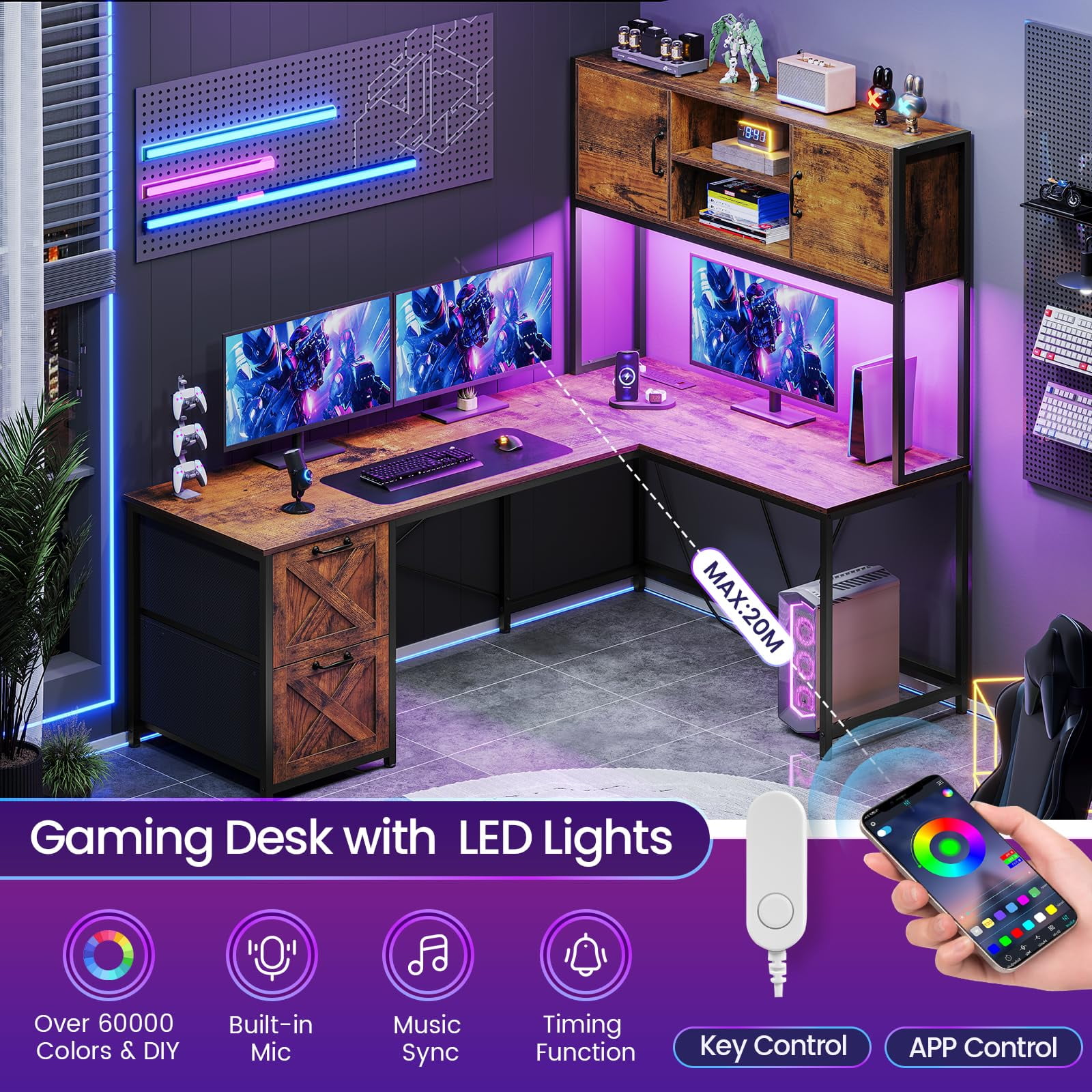 L Shaped Computer Desk 2 Drawers, Reversible Home Office Desk with Led Lights, Hutch and Storage Shelf