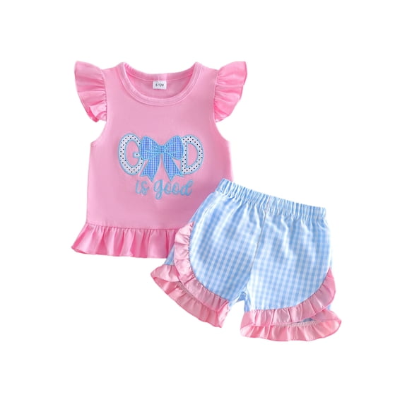 BemeyourBBs Toddler Baby Girls Summer Clothes 2 Piece Outfits Baby Christening Clothes God Is Good All the Time Letter Bow Embroidery Flying Sleeve T Shirt Tops and Ruffle Shorts Set