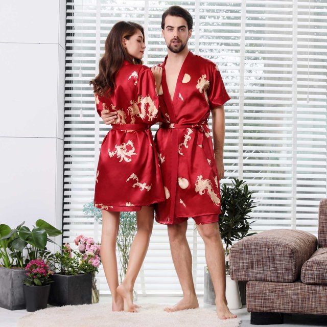 Unisex Imitation Silk Nightgown Spring AndSummer Thin Short Sleeve Cardigan