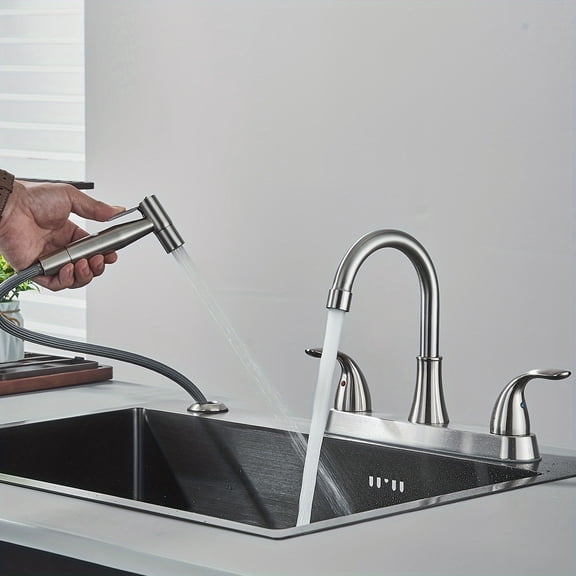 1pc Commercial Black Kitchen Sink Faucet – Dual Handle, Pull-Out Side Sprayer, 360° Swivel, Ceramic Valve, Modern Style for Home & Bathroom