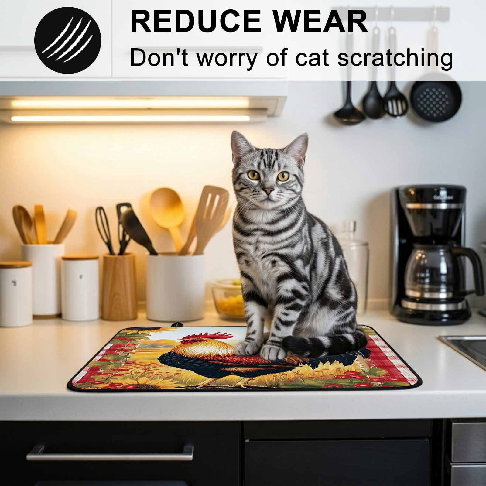 Retro Rooster Stove Top Cover for Electric Stove, Heat-proof & Non Slip Glass Top Stove Cover Protector, Yellow Sunflower Red Plaid Farmhouse Kitchen Flat Cooktop Rubber Mat 24x21 Inches