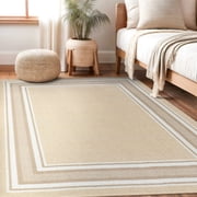 Beverly Rug Indoor Bordered Area Rugs, Non Slip Rubber Backing Modern Living Room Area Rug, Beige, 5x7