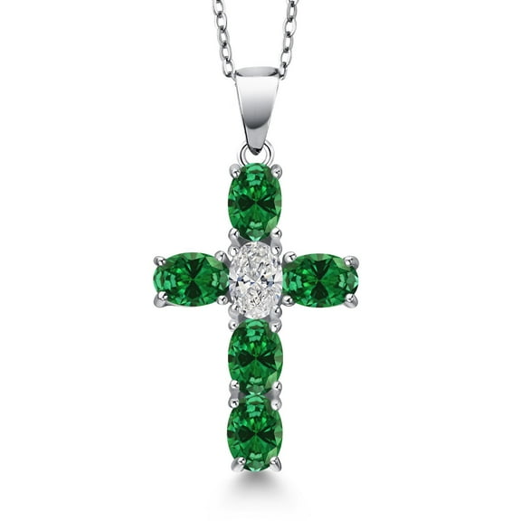 Gem Stone King 925 Sterling Silver Green Created Emerald and Lab Grown Diamond Cross Pendant Necklace for Women | 2.15 Cttw | Gemstone May Birthstone | Oval 6X4MM | With 18 inch Chain