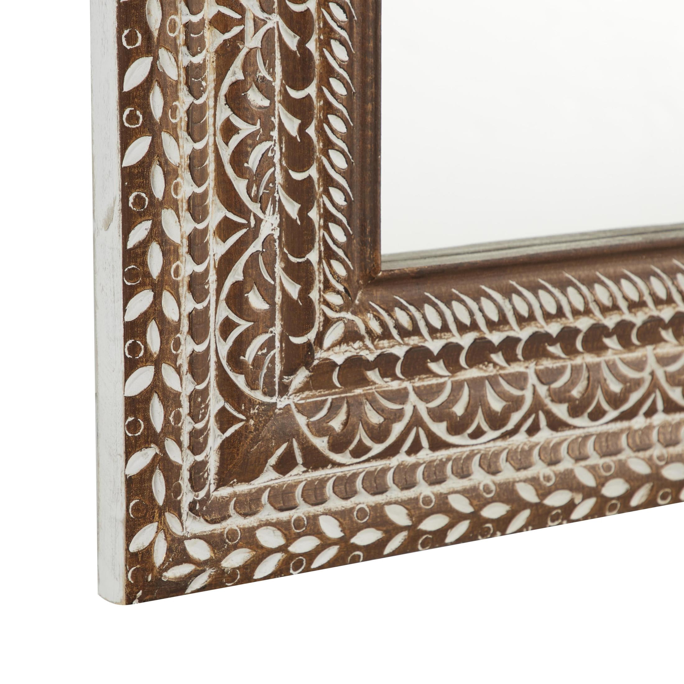 DecMode 36" x 59" Brown Floral Wall Mirror with Detailed Cream Carvings