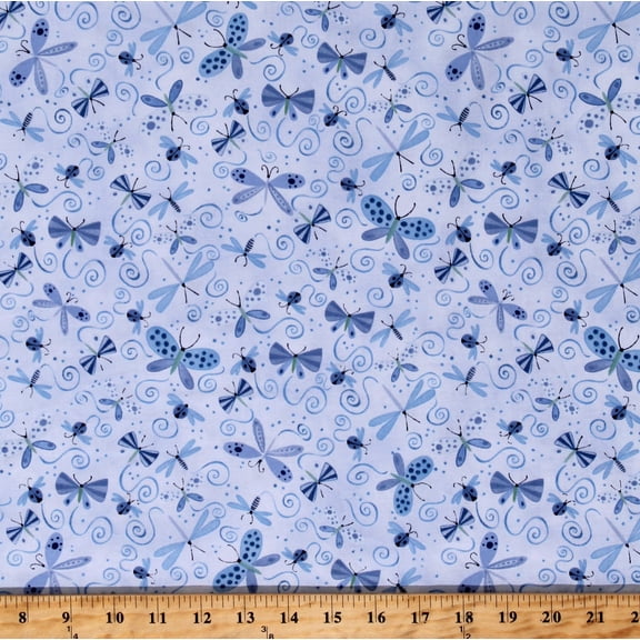 58" Cotton Butterfly Butterflies Dragonflies Dragonfly Bees Ladybugs Blue Cotton Fabric Print by the Yard (8252L-2D)