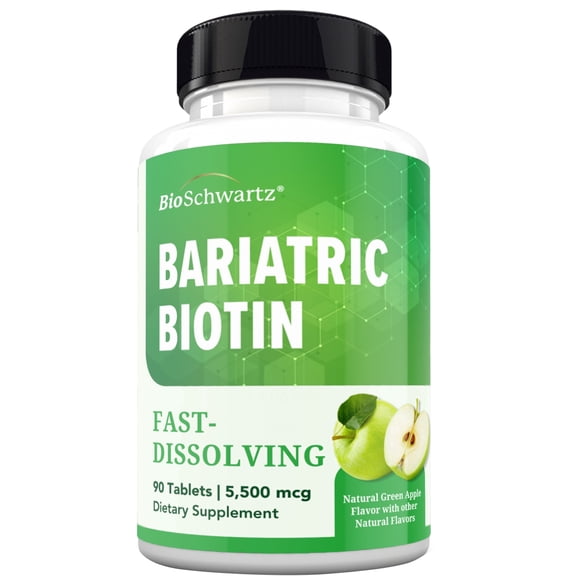 BioSchwartz Bariatric Biotin Chewable Tablets - Green Apple Flavor, 3 Month Supply, 5500mcg Biotin per Serving - Sugar-Free Hair Skin Nails Vitamins for Women for Post-Bariatric Care - 90 Servings