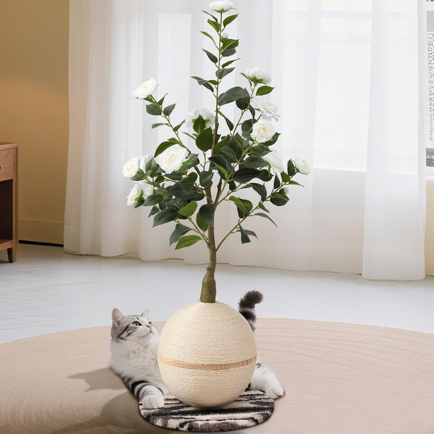 Scratching Post with Artificial Camellia Tree and Sisal Rope Ball, Modern Flower Decor for Indoor Cats