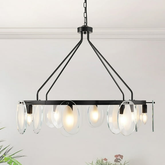 Black Chandelier,8 Light Farmhouse Chandeliers for Dining Room Light Fixtures Over Table,Industrial Hanging Lighting with Elliptical halo for Living Room Kitchen Island Bathroom Entryway Bedroom