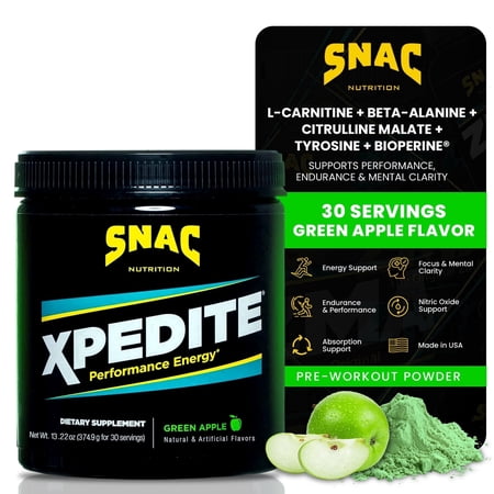 SNAC XPEDITE Pre-Workout Powder for Women & Men, Energy & Focus Supplement, Nitric Oxide Booster, Green Apple, 30 Servings
