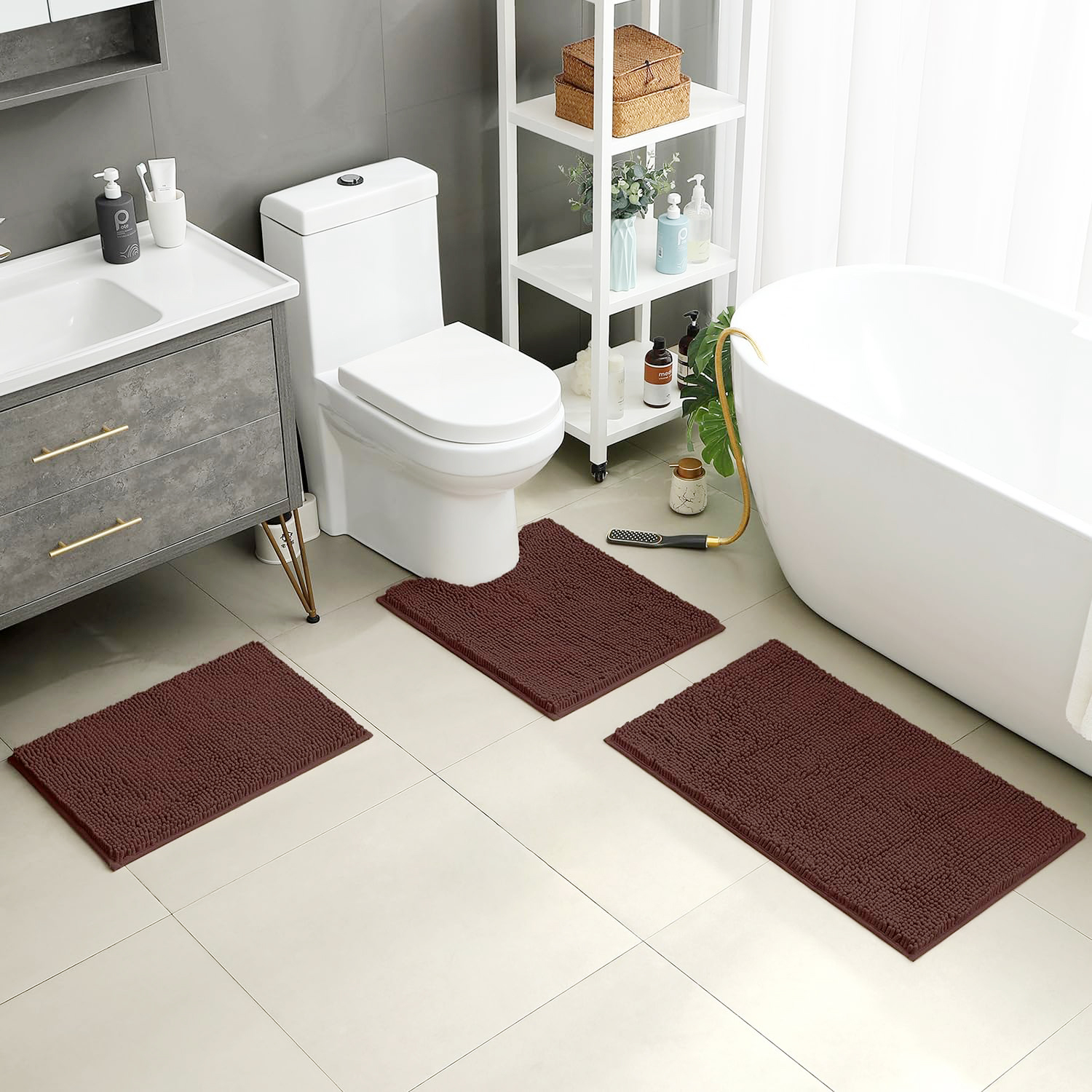 Bathroom Rugs Sets 3 Piece Chenille Bath Rug Non-Slip Bath Mats with Soft Plush PVC Backing Water Absorbent Carpet 1'' Quick Dry Microfiber Toilet Mat, Coffee