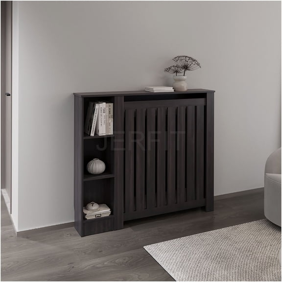 JERFIT Walnut Radiator Cover Cabinet with 3 Shelves, Freestanding Decorative Heater Cover with Slatted Design for Efficient Heat Flow, Modern Furniture for Living Room Entryway