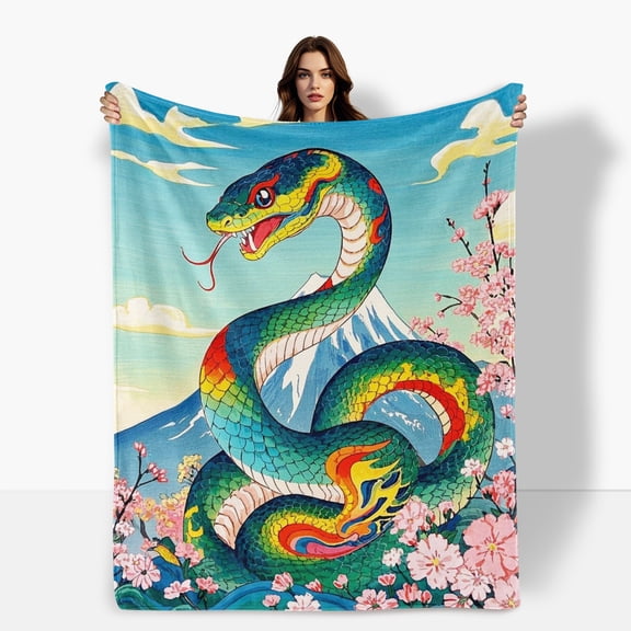 Rainbow Serpent Mountain Cherry Blossom Blue Flannel Blanket Soft Warm Comfortable For Sofa Bed Travel Camping Living Room Office Chair Polyester Fiber Gift For Family Or Friends