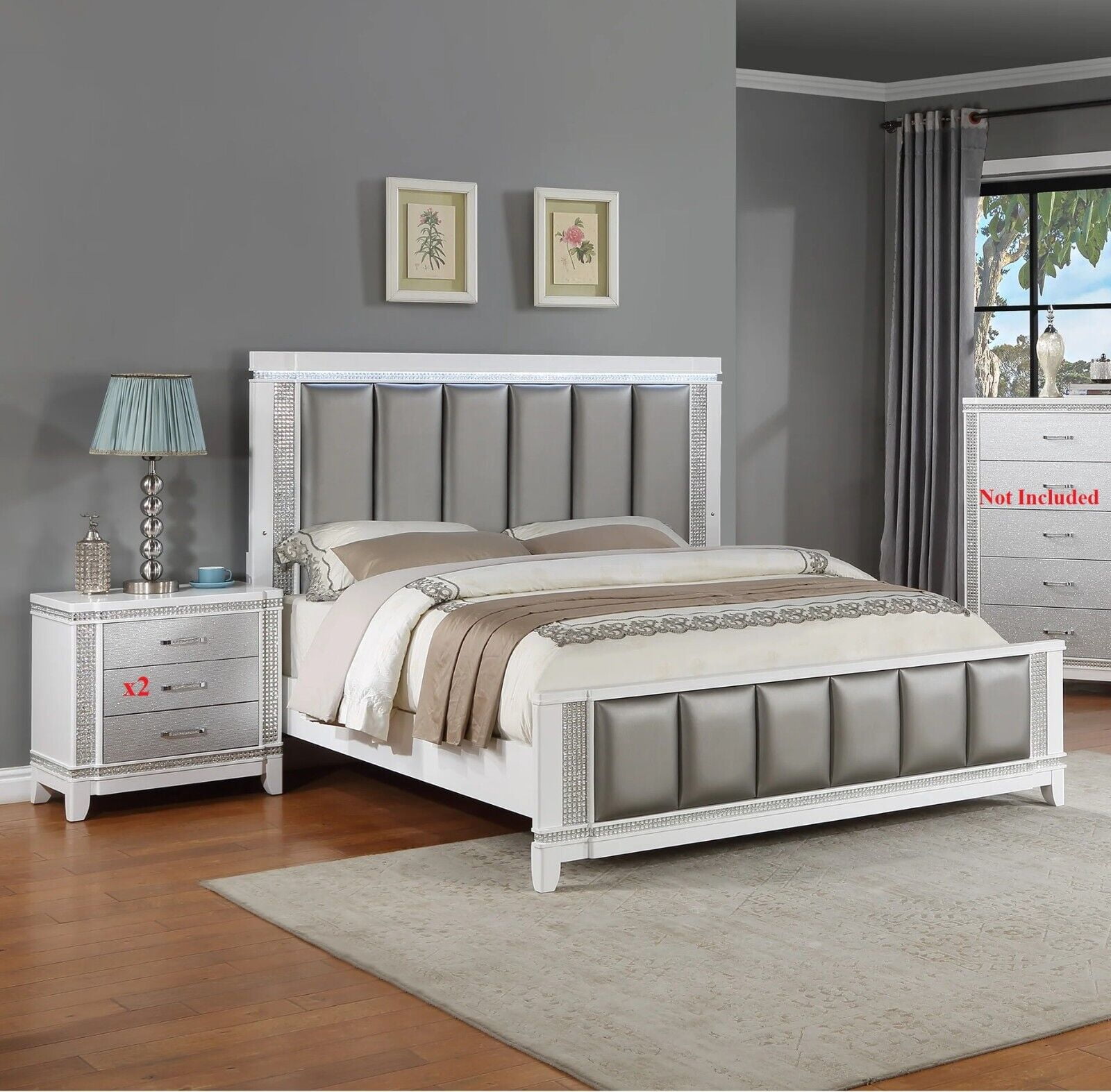 3pc Glam Queen Size Panel Bed and 2x Nightstand Set Modern Master