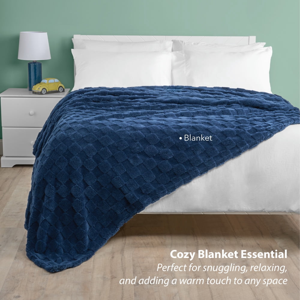 Your Zone Navy Embossed Checkerboard Oversized Blanket, Twin/Full, 76" x 86", Kids