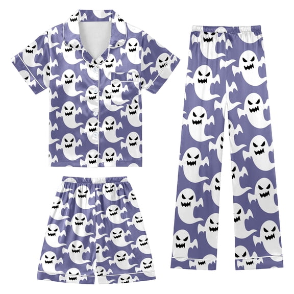 Halloween Sleepwear Set for Little Girl Ghost Print Lapel Button Short Sleeve Shirt Shorts And Pants Loungewear 3PC Casual Homewear Set Size 8-9T