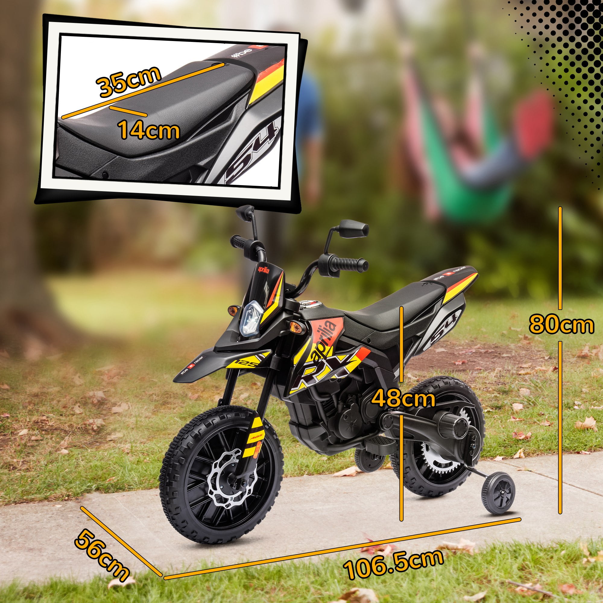 Riding Toys Qaba 12V Motorcycle, Aprilia Licenced Electric Motorcycle for with Training Wheels, Spring Suspension, LED Light, USB, Music, Battery Powered Electric Dirt Bike for Gi