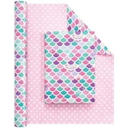 Mermaid Wrapping Paper - 1 Roll 17” x 33 ft Reversible Birthday Wrapping Paper Roll Junbo Roll Mermaid Birthday Gift Wrap Kids Mermaid Party Favor Happy Birthday Wrapping Paper Polka Dot Design