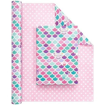 Mermaid Wrapping Paper - 1 Roll 17” x 33 ft Reversible Birthday Wrapping Paper Roll Junbo Roll Mermaid Birthday Gift Wrap Kids Mermaid Party Favor Happy Birthday Wrapping Paper Polka Dot Design