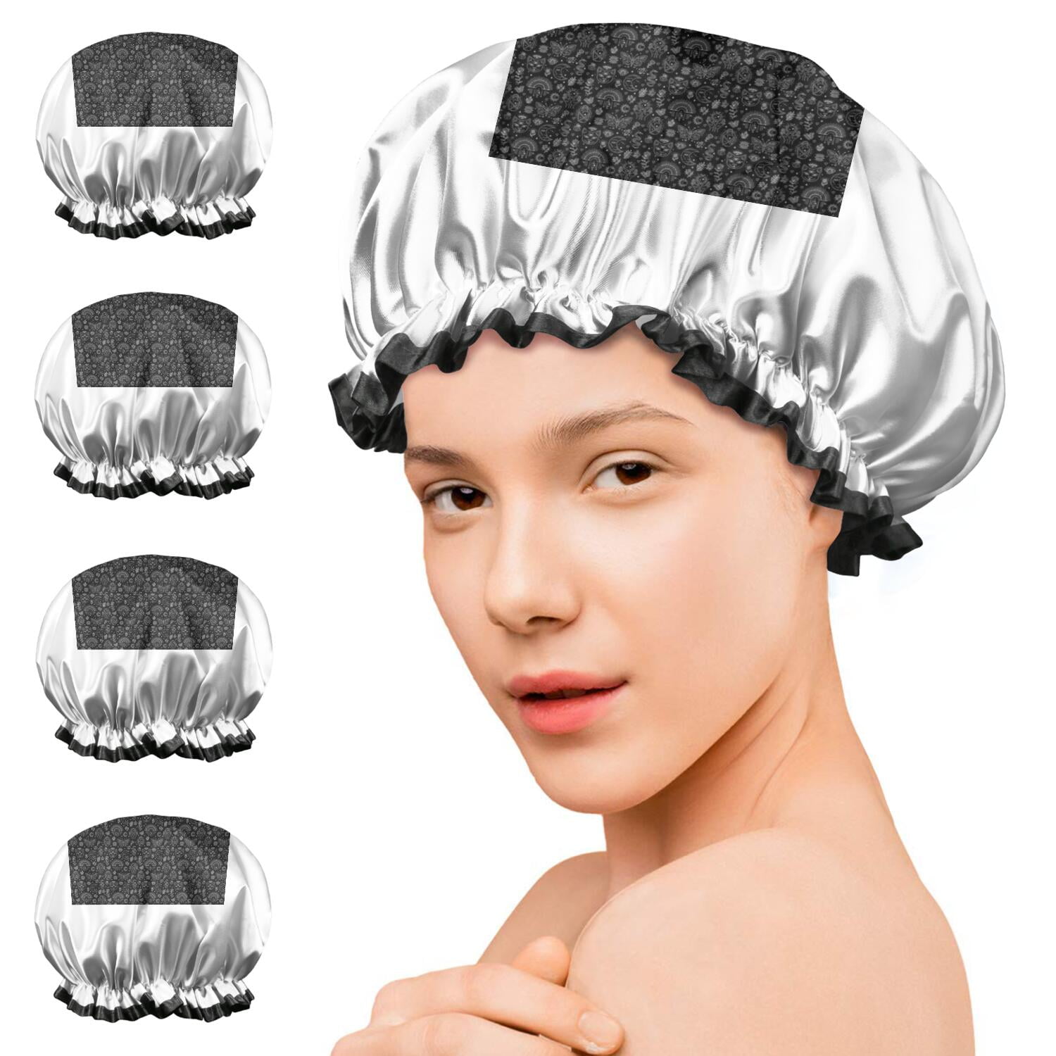 Shower Caps,Black White Cat Moon Butterfly Pattern Waterproof Shower Cap for Women 4 Pieces,Double Reusable Hair Cover for Shower PEVA Elastic Stretch Hem