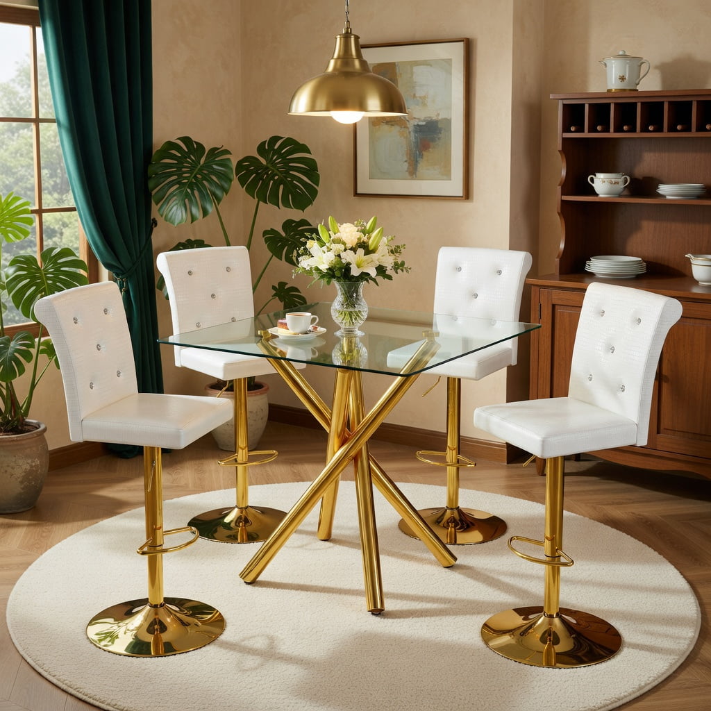 Hommoo Modern 3-Piece Glass Bar Table Set with Adjustable Swivel Bar Stools, Chrome Frame & PU Leather, Counter Height for Kitchen Island, Home Bar & Small Spaces, White & Gold