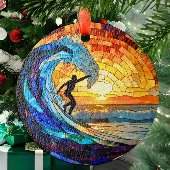 Surfing Stained Glass SunCatcher Surf LightCatcher Surfer Beach Sunset Window Hanging Home Decor Surfing Lover Gift, Stained Glass Ornament 2025, Holiday Decoration, Seasonal
