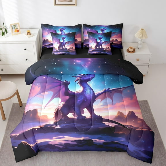 Erosebridal Cool Dragon Bedding Sets Twin Size, Starry Sky Comforter Sets with Sheets, Magical Animal Reversible Bed Set, Super Cozy Room Decorative, 7 Pieces