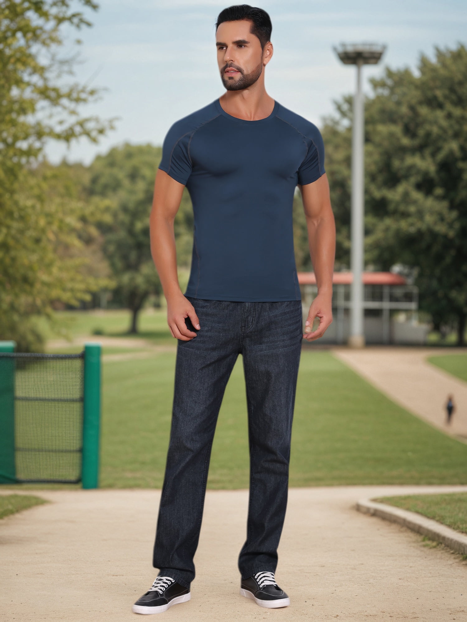 DARING DIVA Men's Workout Stretch Crew Neck Short Sleeve T-Shirt M Dark Blue