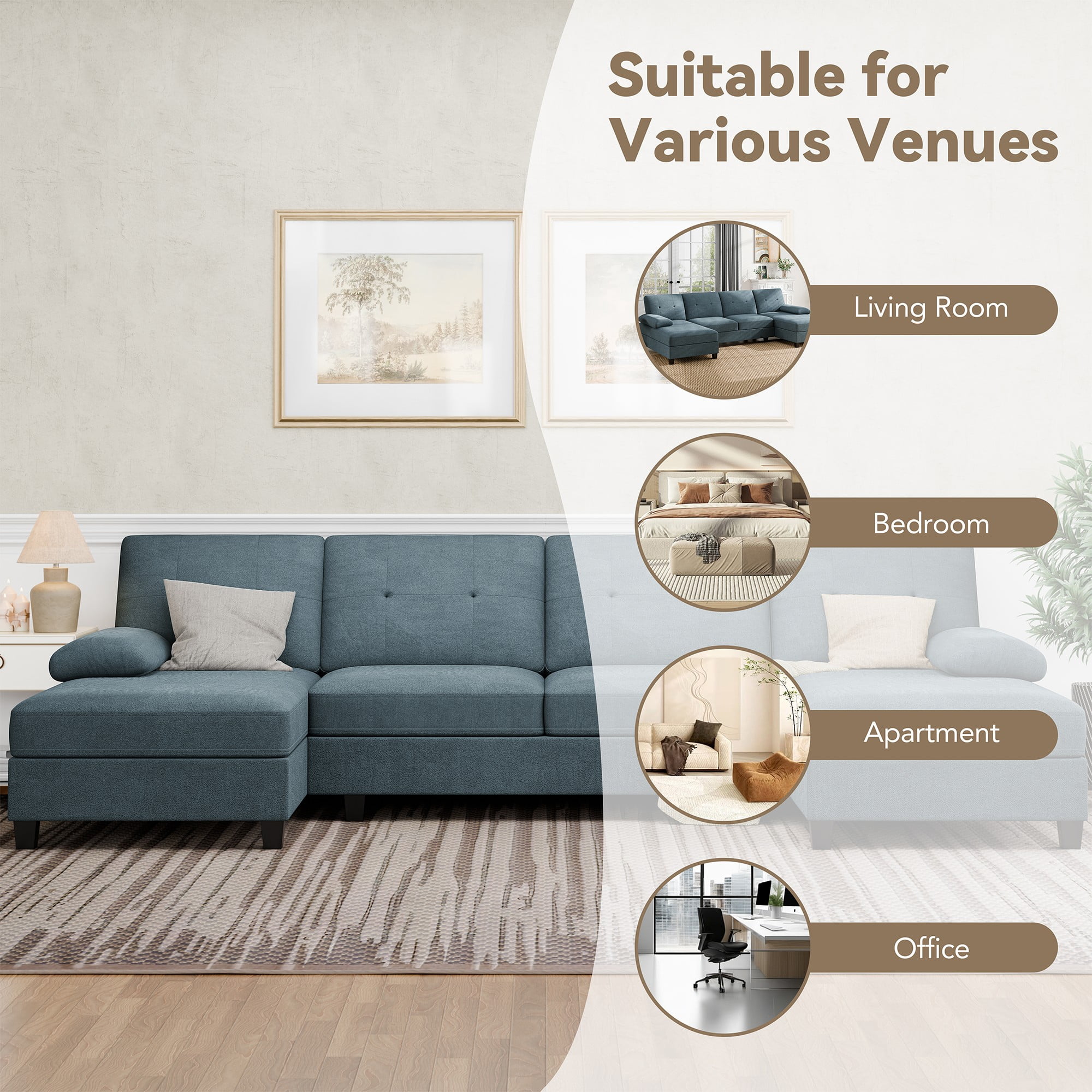Walsunny Modern U-Shape Sectional Sofa, Chenille Fabric Modular Couch, 4 Seat Oversized Sofa with Chaise for Living Room