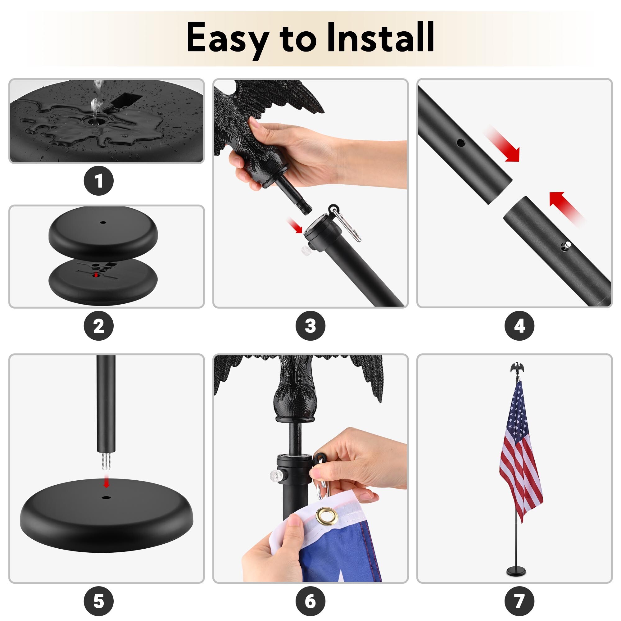 8 Ft Sectional Indoor Flag Pole Kit Eagle Topper Aluminum 3x5 Ft US Flag & Base