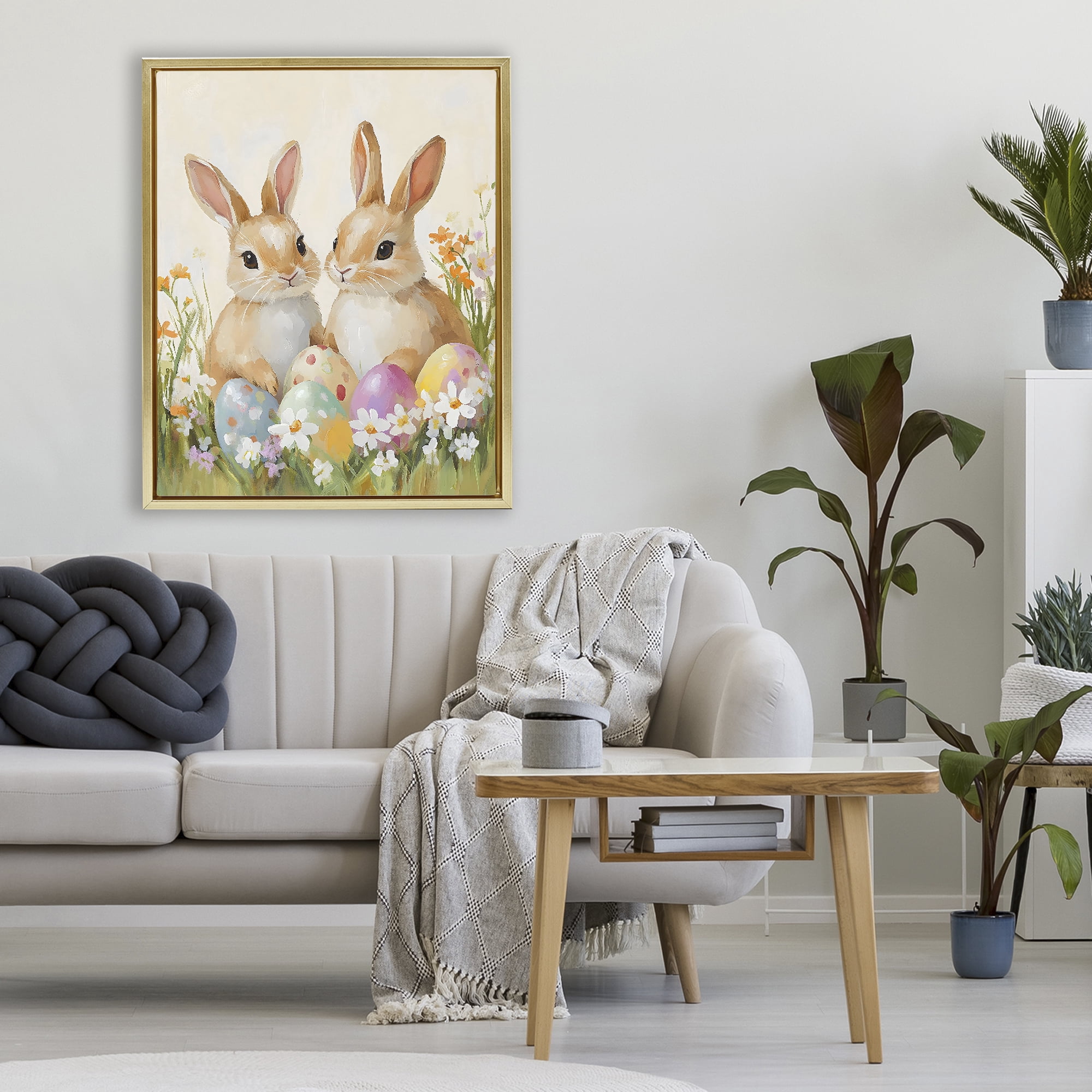 Stupell Industries Bunnies with Painted Easter Eggs Gold Framed Floater Canvas Wall Art, design by The Prints Vibe
